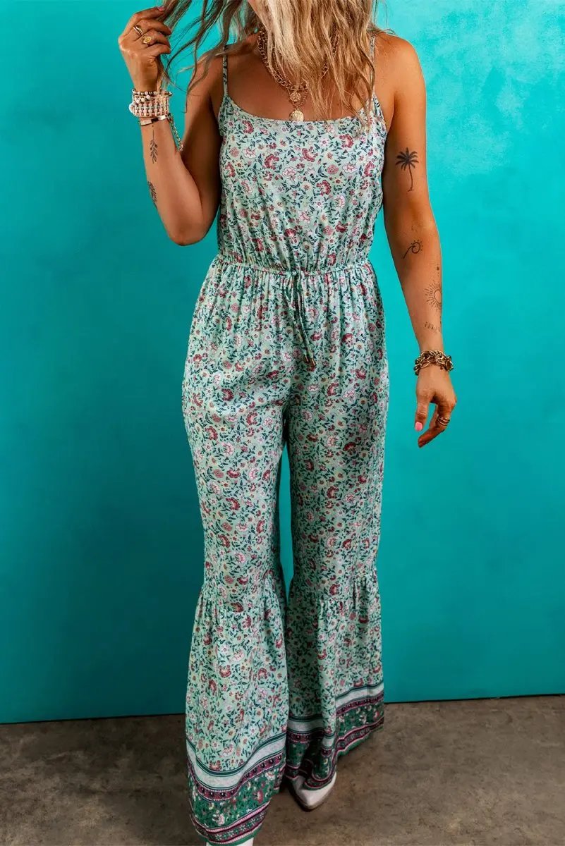 Green Bohemian Floral Ruffle Bottom Spaghetti Strap Jumpsuit - Love Salve